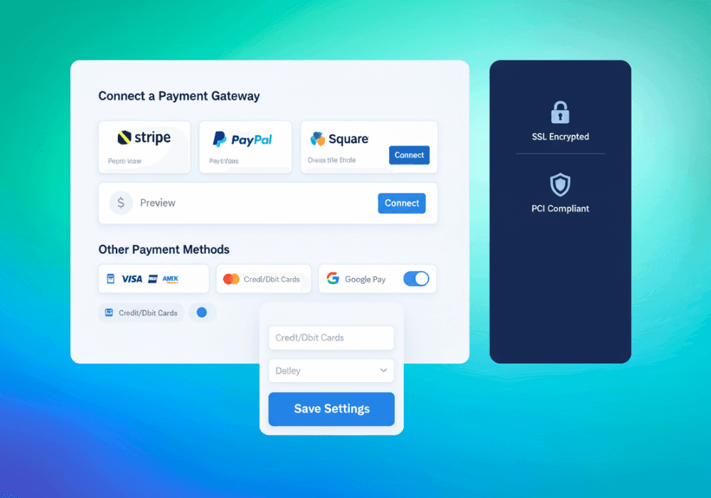 A user setting up payment options with a credit card icon on screen.